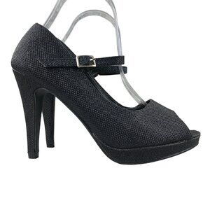 Styluxe Women's Size 7.5 Black Shimmer Open Toe Mary Jane Strap High Heels Pumps